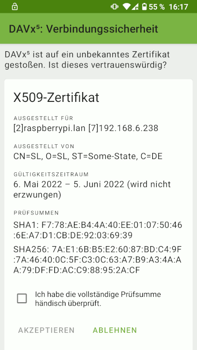 Android - DAVx5: X.509-Zertifikat bestätigen